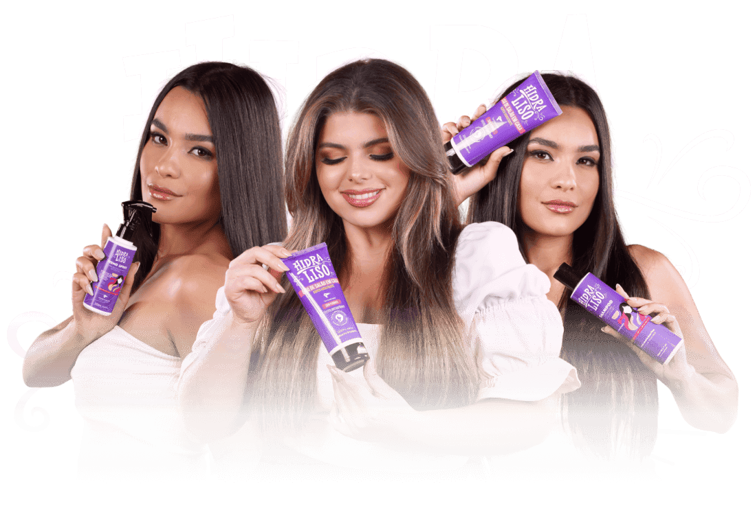 Imagem promocional da marca com três modelos e produtos Hidraliso